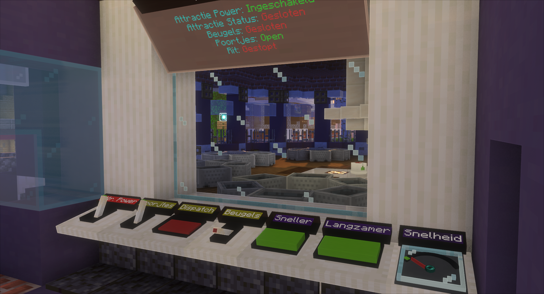 Controle paneel voor de Theeleuten, met werkende hendels, knoppen en Snelheidsmeter